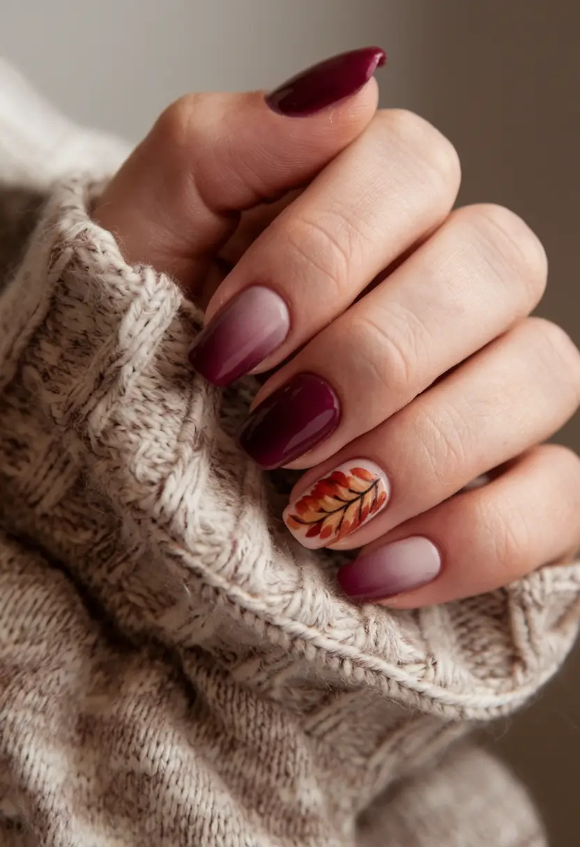 fall october nails design Wine Ombre with Autumn Leaf