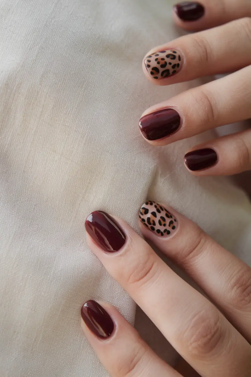 october nails designs fall Deep Burgundy with Leopard Accent