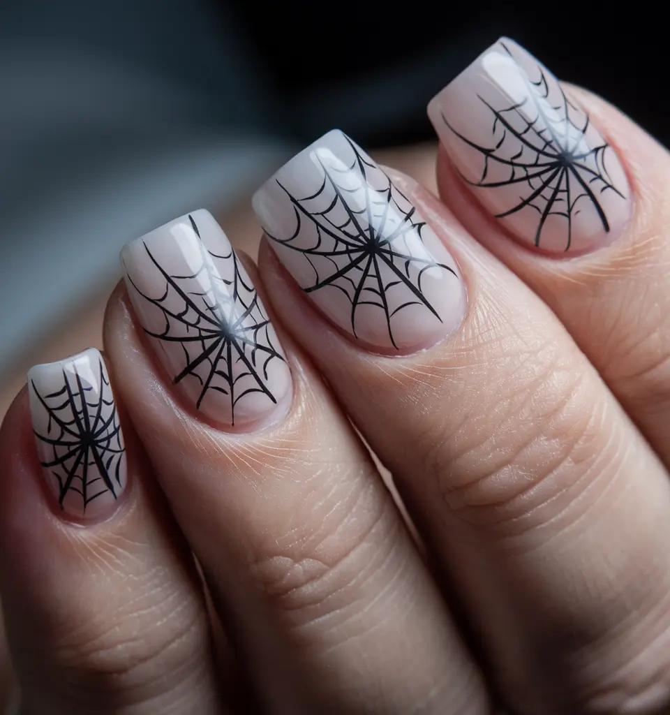 fall square october nails Webbed Chic in Black and Nude