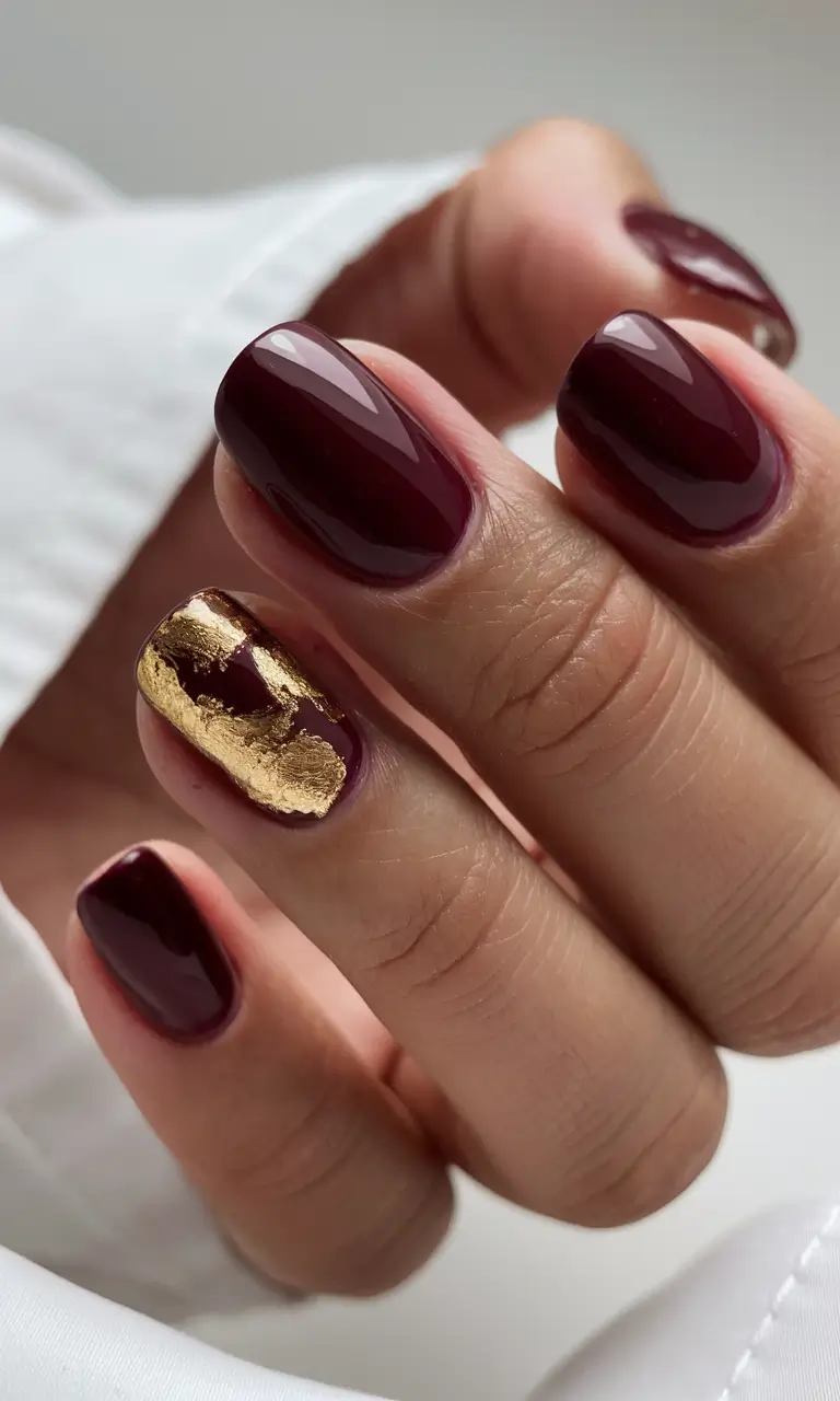october nails designs Deep Burgundy Elegance with Golden Accents