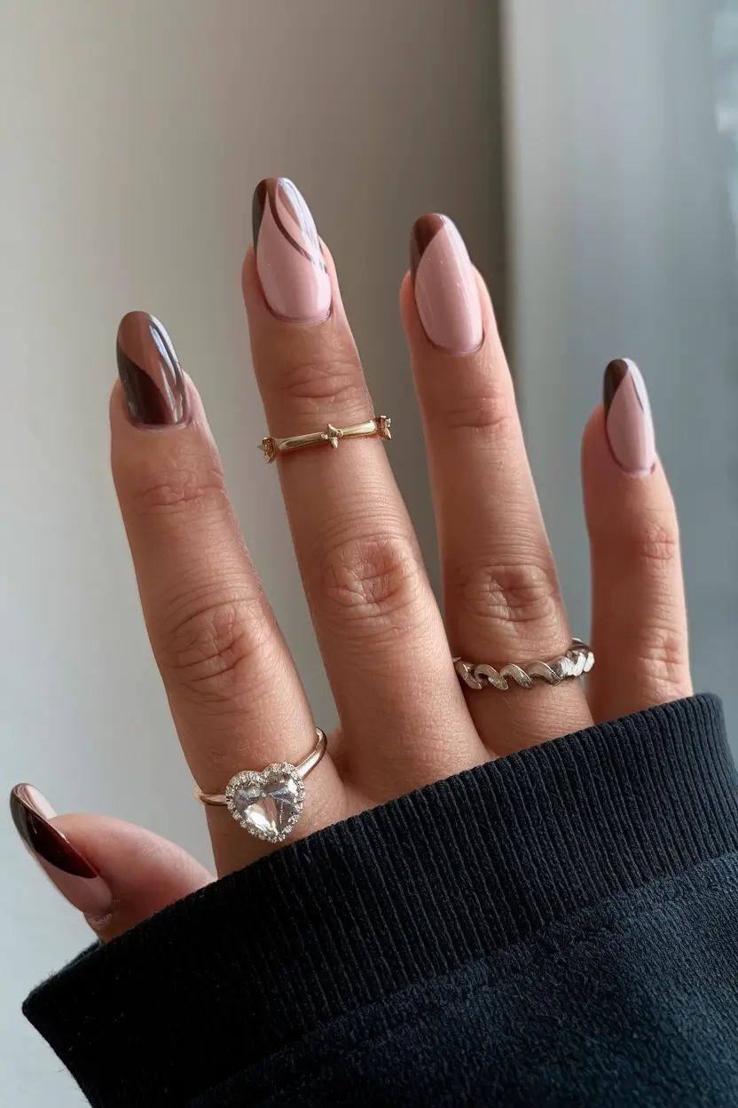 october nails designs Mocha Swirls and Almond Elegance