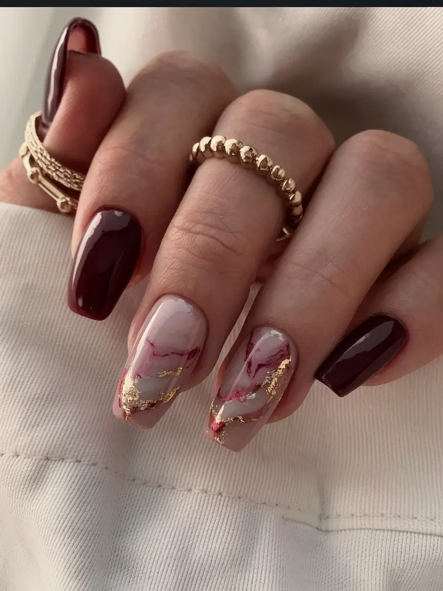 october nails designs Wine Marble with Golden Veins