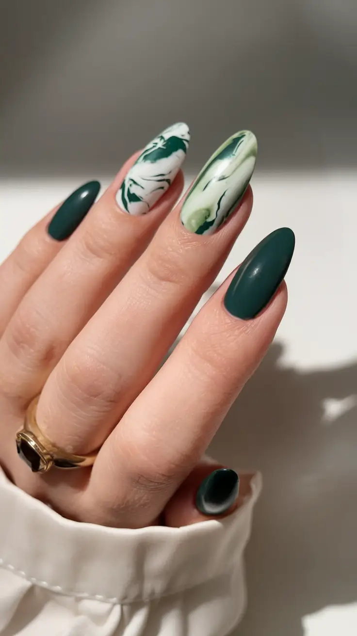 october almond nails design Forest Marble in Deep Green