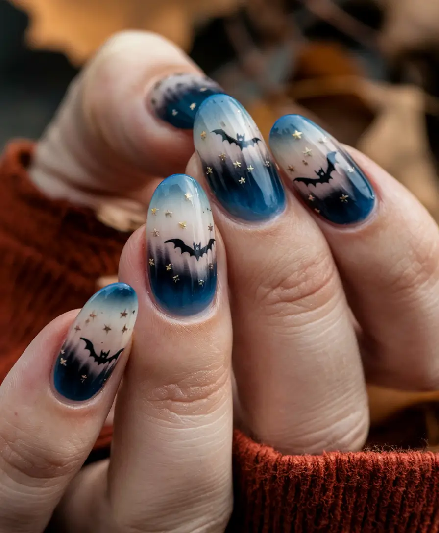 october nails halloween acrylic designs Midnight Skies with Bats