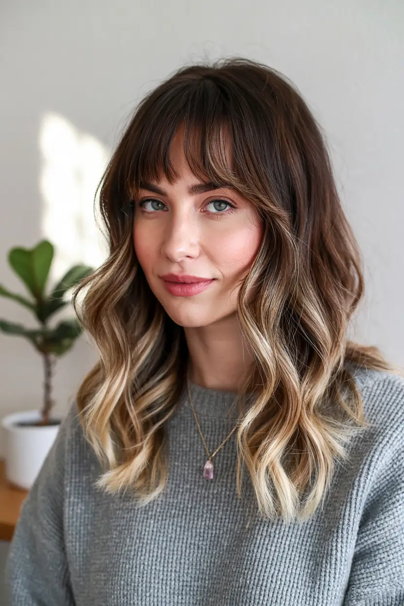 haircuts Wavy Balayage with Bangs