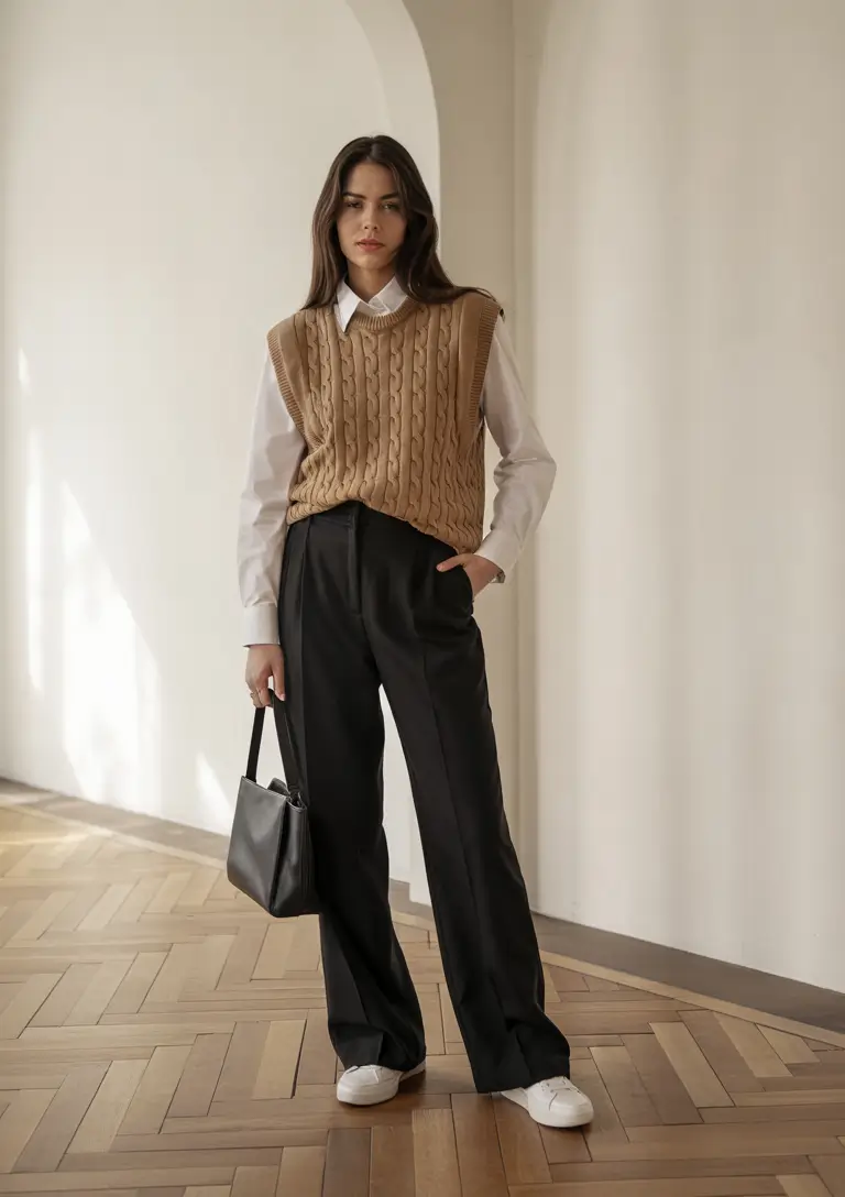 fall work outfits for women jeans Preppy Vest Revival
