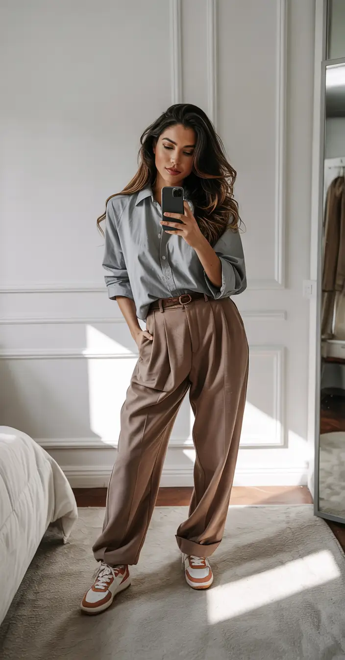 fall work outfits for women casual Muted Grey and Warm Brown Harmony