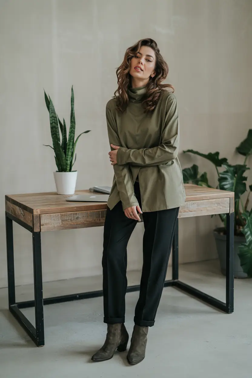 fall work outfits for women boots Relaxed Green Turtleneck with Black Basics
