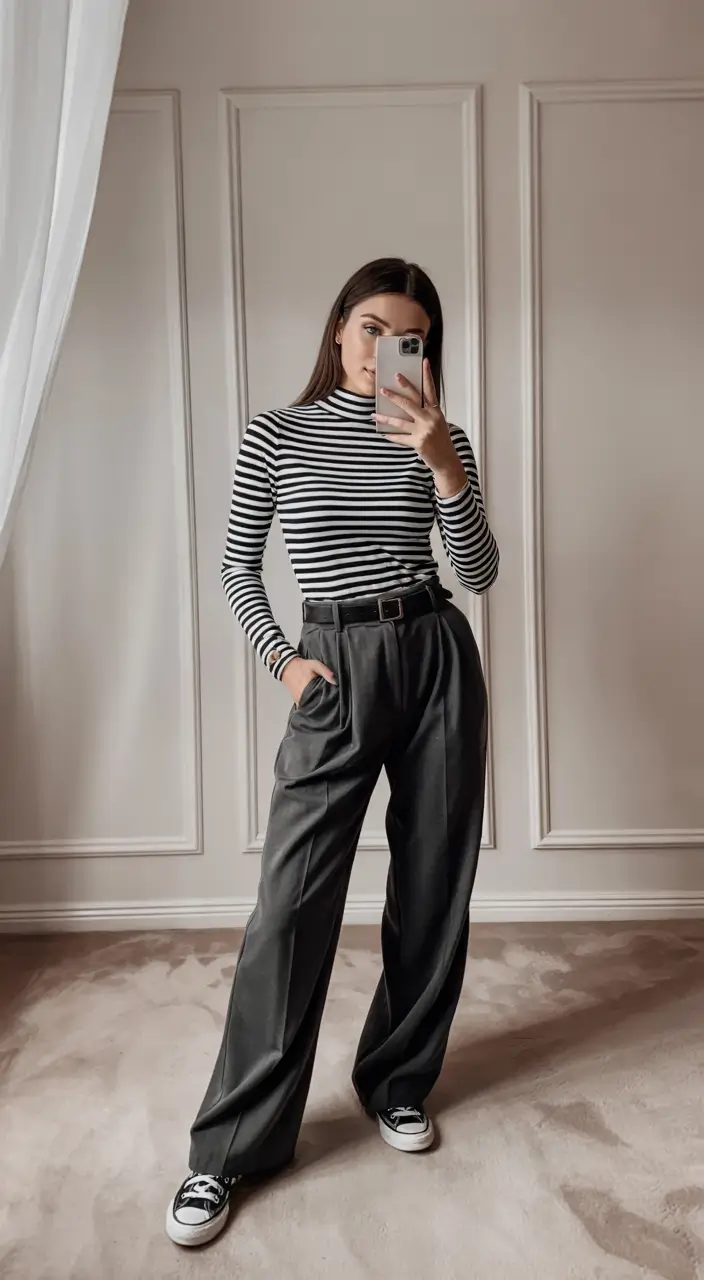 fall work outfits for women grey pants Stripes Meet Timeless Grey