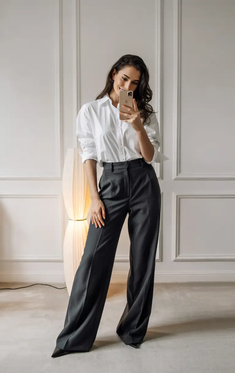fall work outfits for women grey pants Sharp Whites and Wide-Leg Elegance
