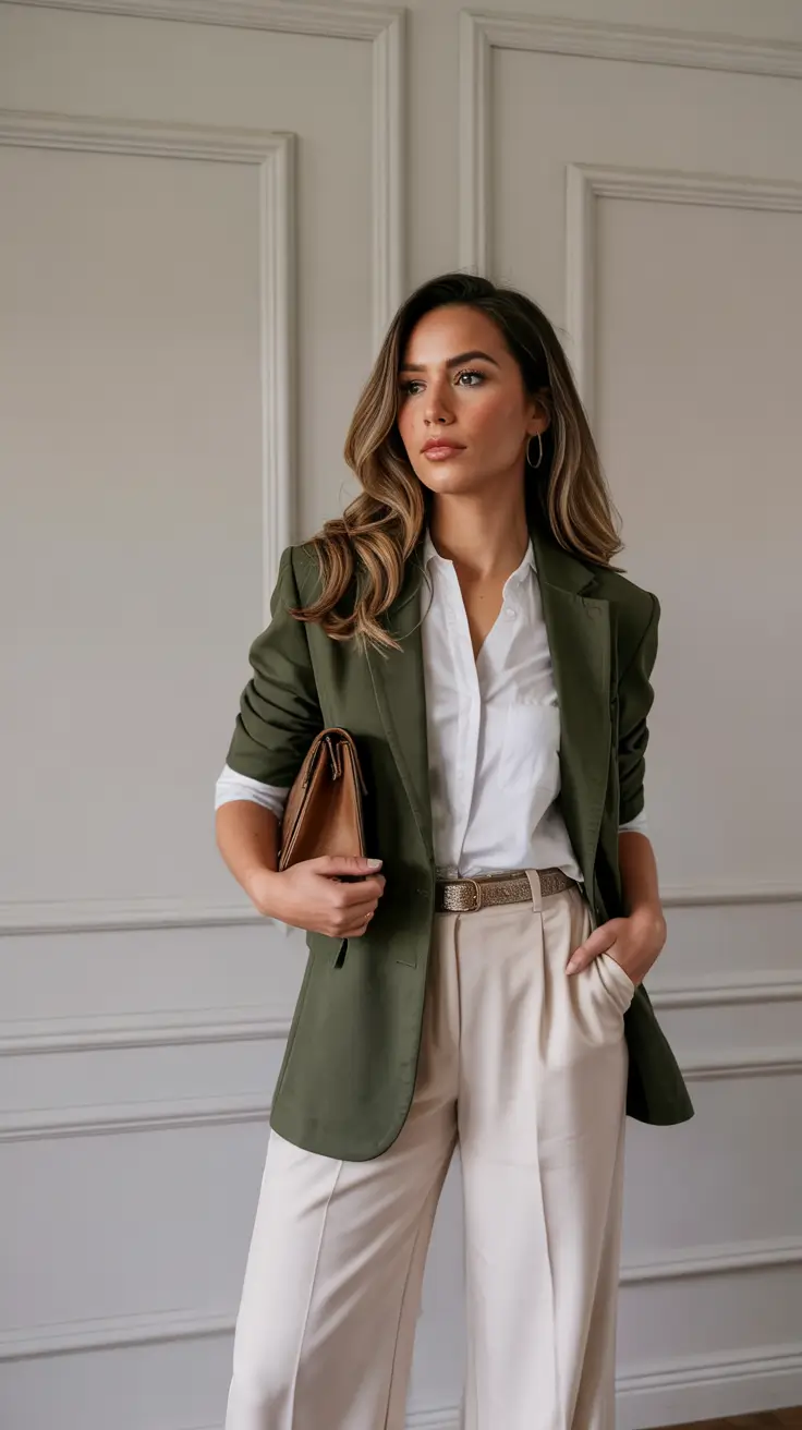 fall work outfits for women business Olive Blazer and Cream Elegance