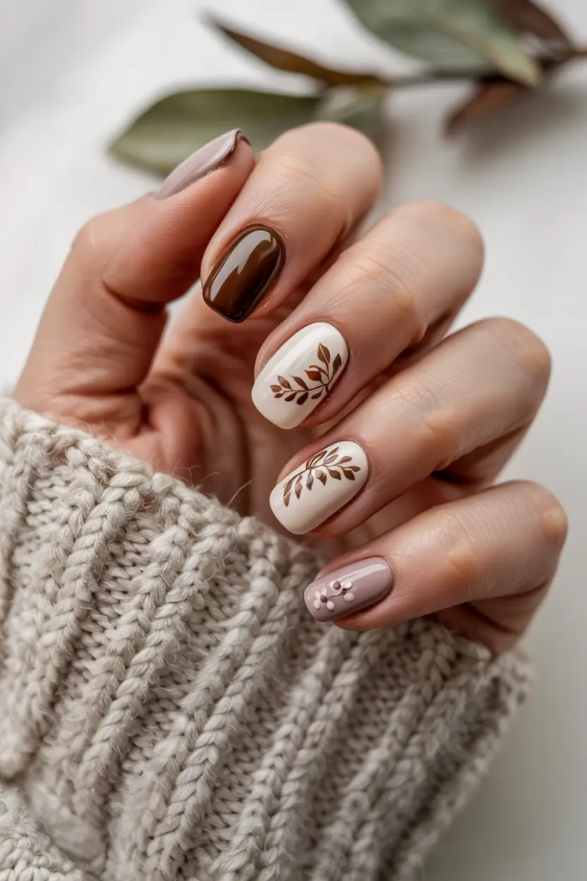 easy fall nails simple Cozy Neutrals with Leafy Accents