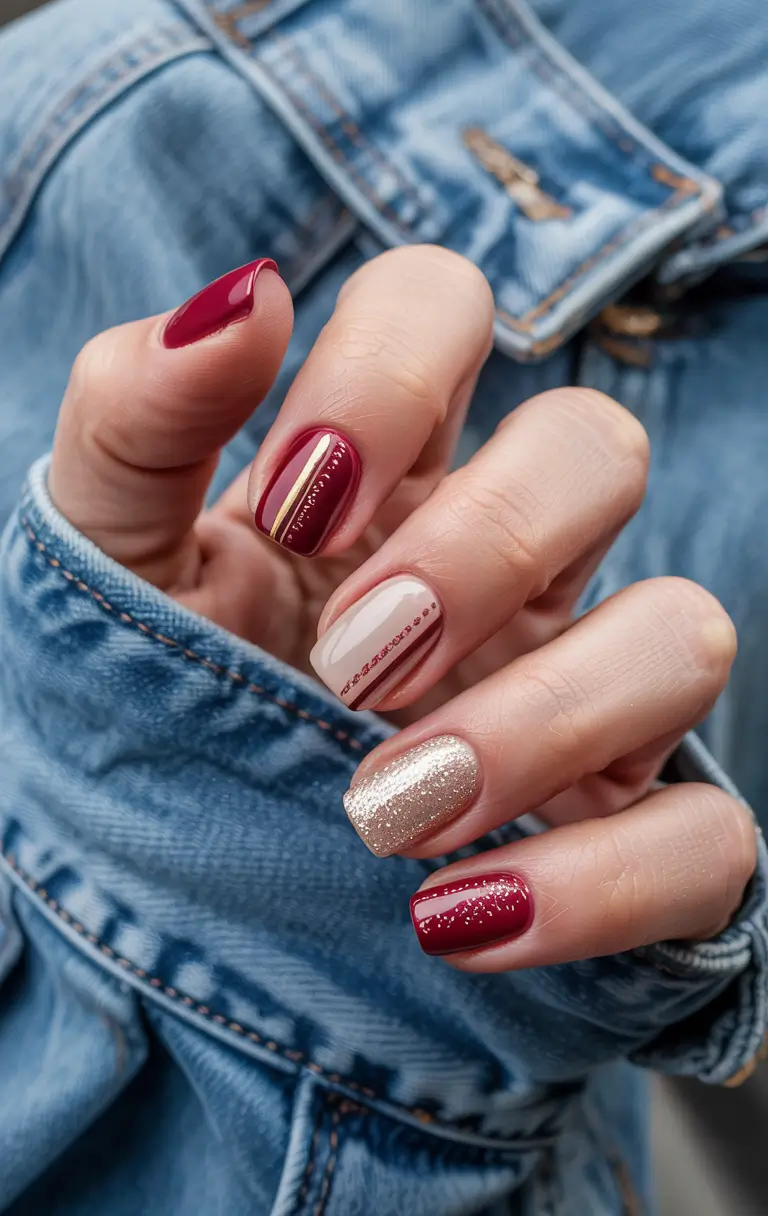 easy fall nails simple Glam Burgundy and Gold Combo