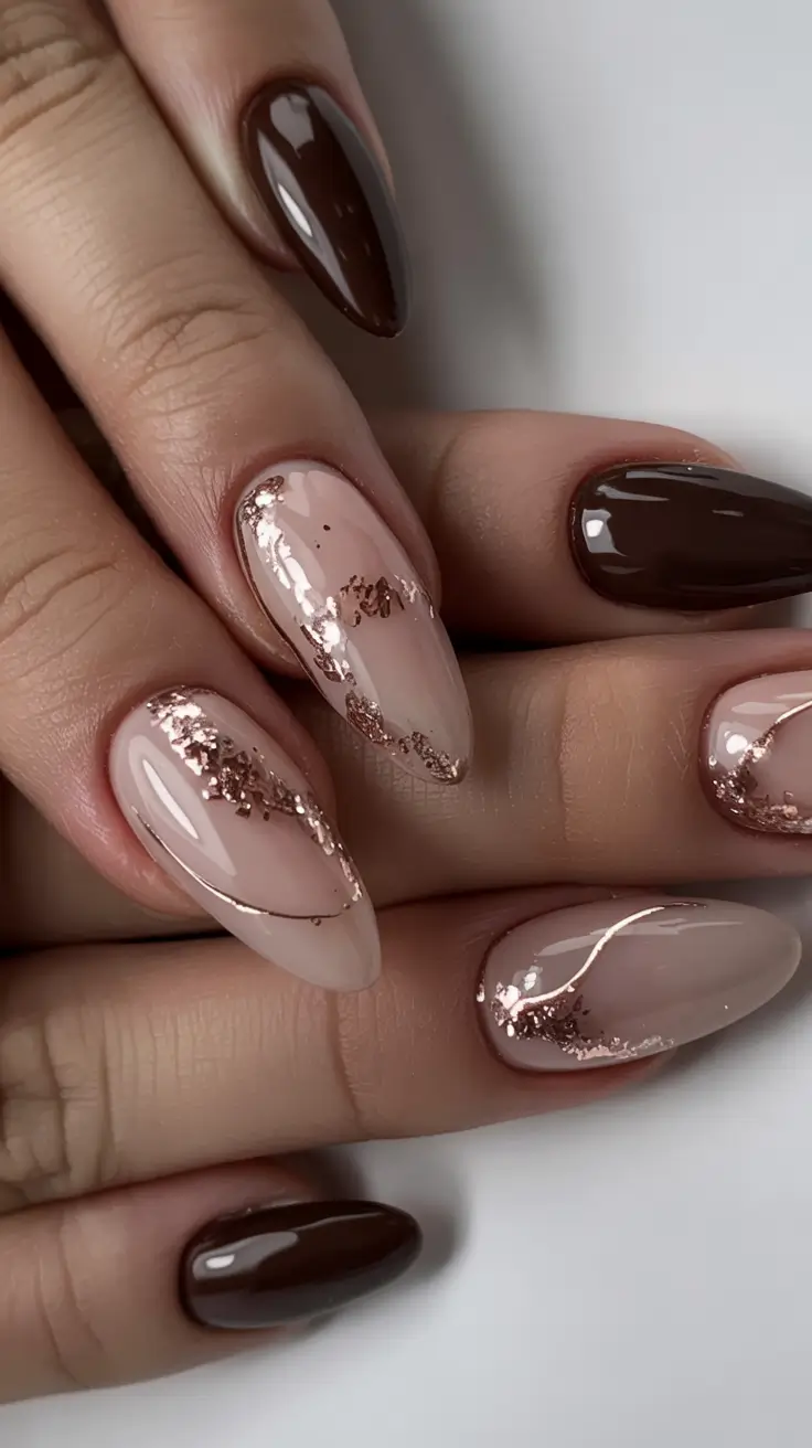 easy fall nails simple almond Chocolate and Rose Gold Accents