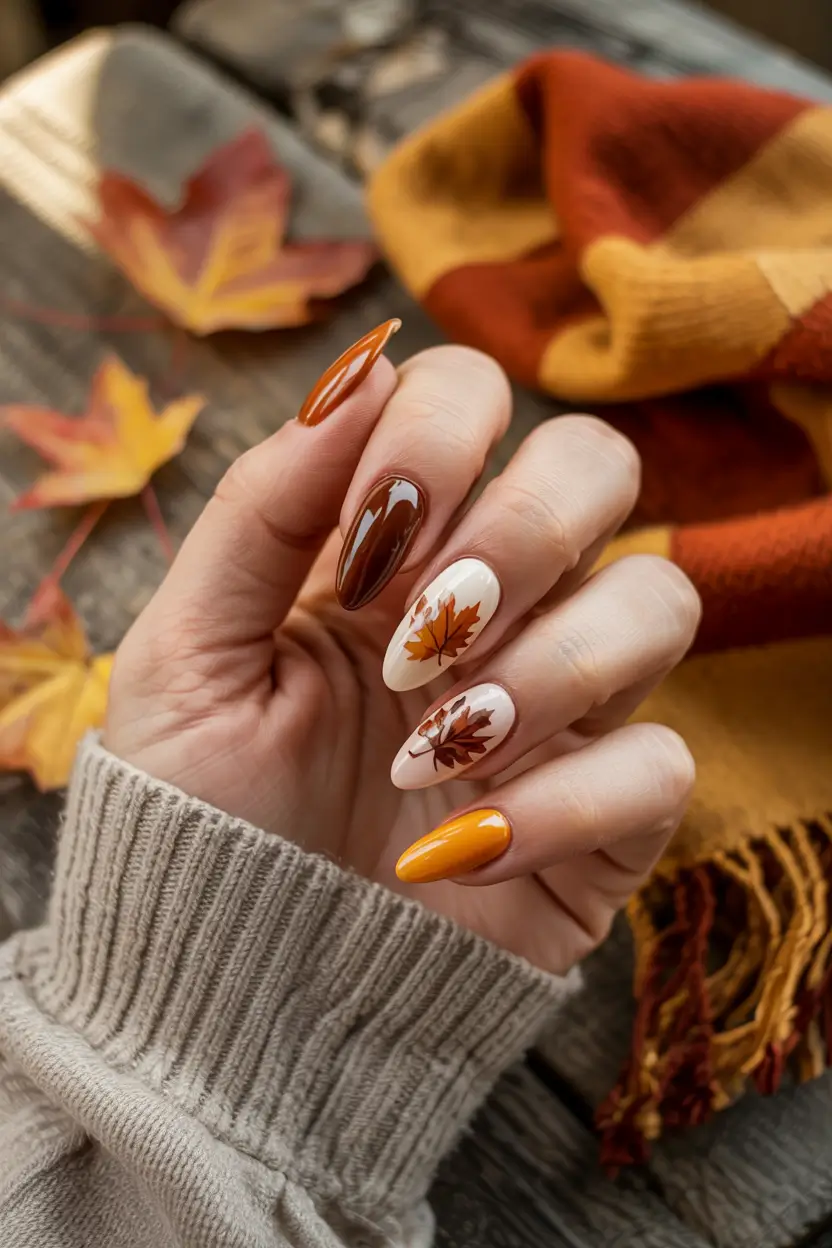 easy fall nails to do at home Autumn Leaves on Ivory