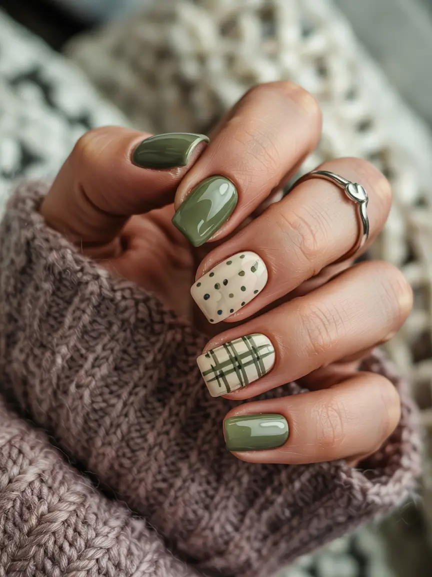 easy fall nails square Olive Green Plaid and Polka Dots