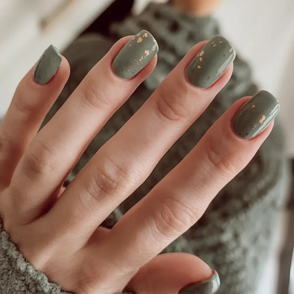 Quick and Easy Fall Nails 2025 Earthy Green with Golden Touches