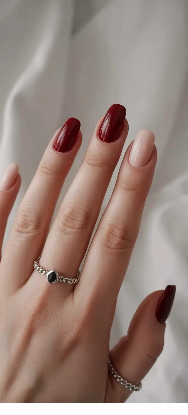 Quick and Easy Fall Nails 2025 Classic Deep Red with Nude Contrast