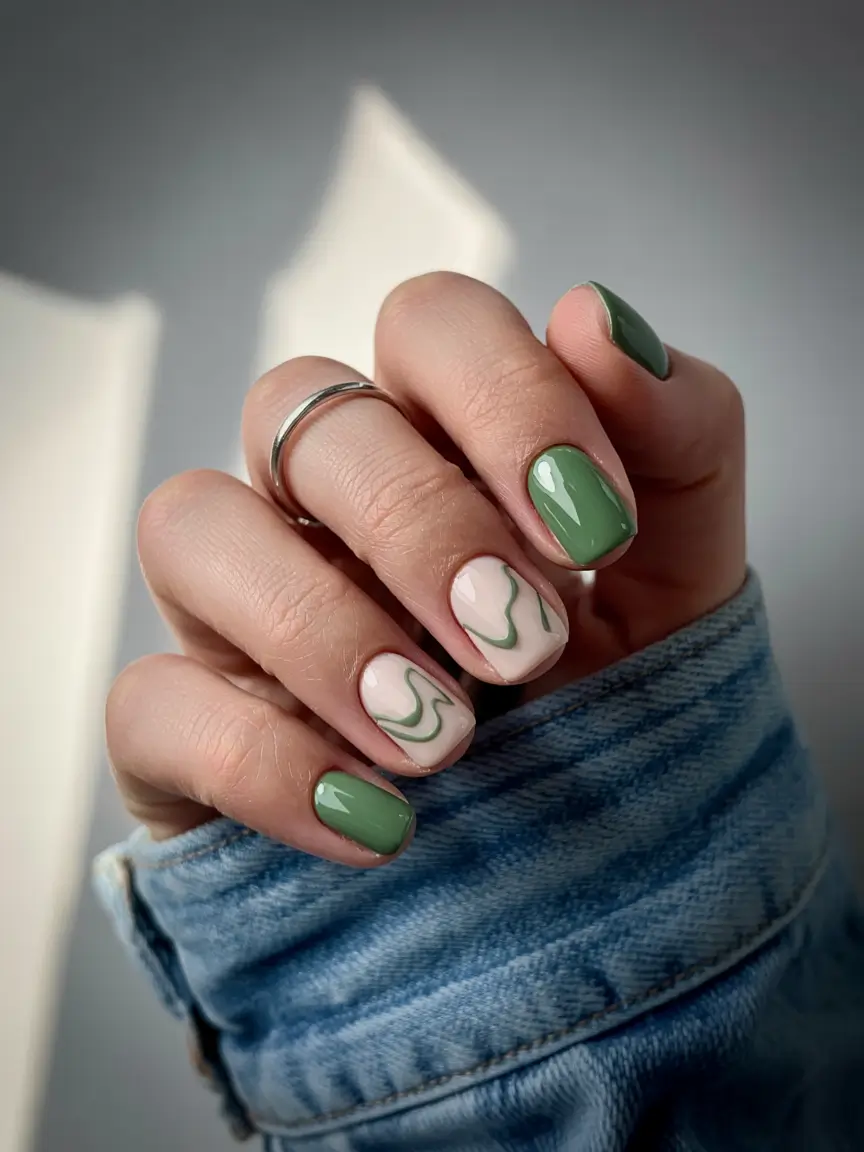 Quick and Easy Fall Nails 2025 Playful Green Swirls