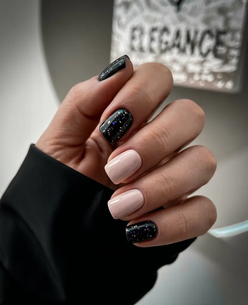 short fall nails 2025 Black Glitter and Nude Contrast