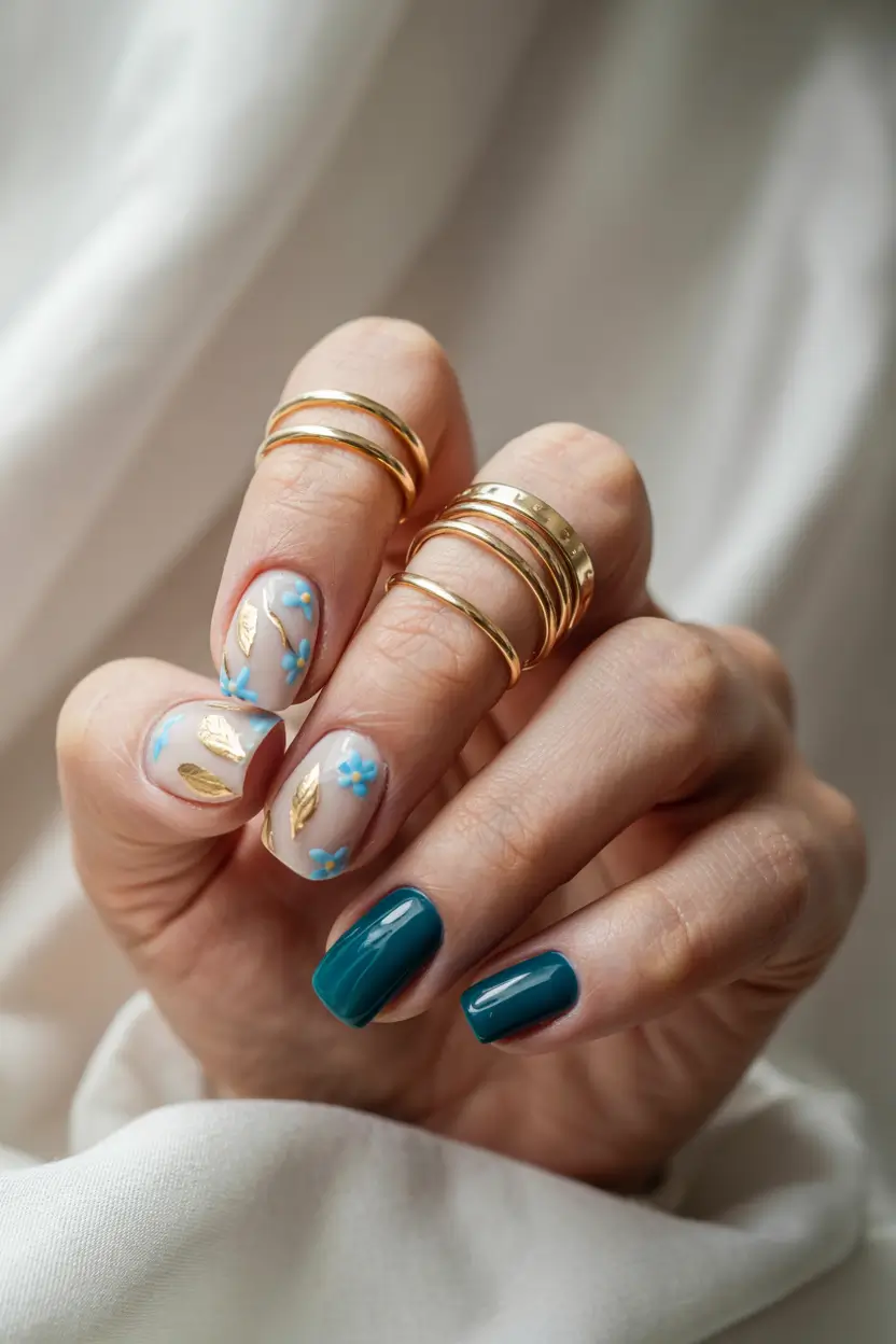 short fall nails 2025 Golden Petals and Jewel-Toned Accents