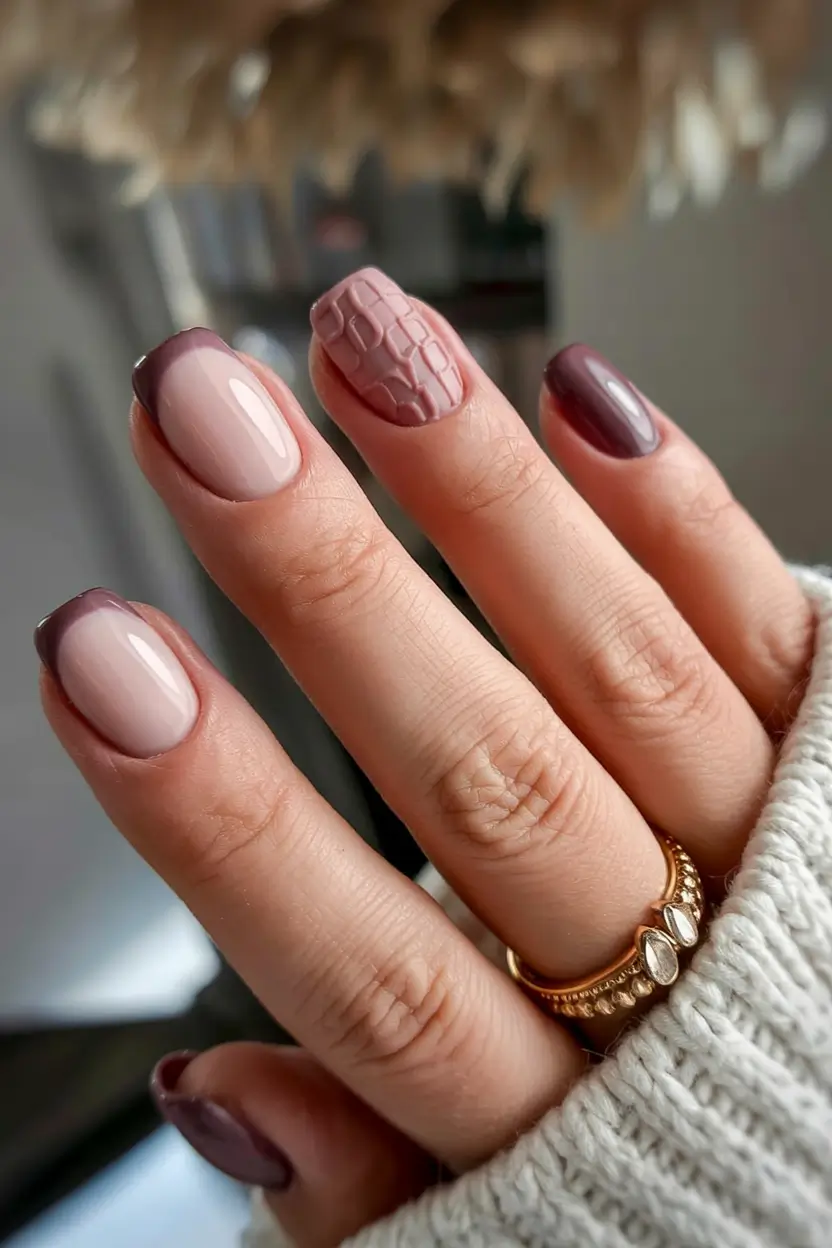 short fall nails 2025 Textured Mauve with French Tips