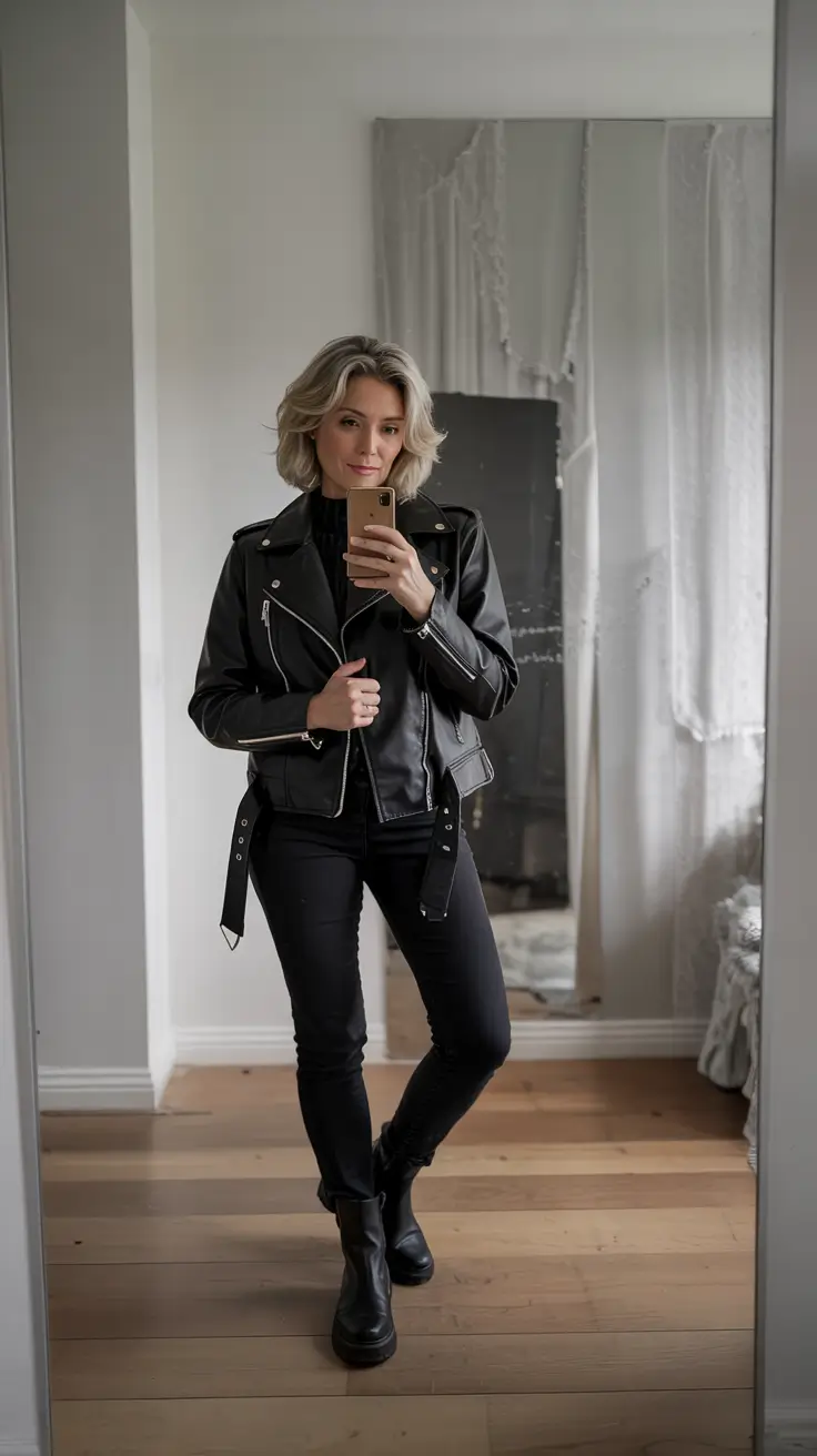 winter outfits over 40 women Edgy Black Moto