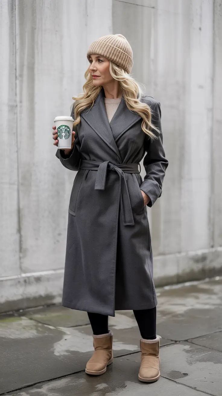 winter outfits over 40 women Grey Coat & Cozy Neutrals