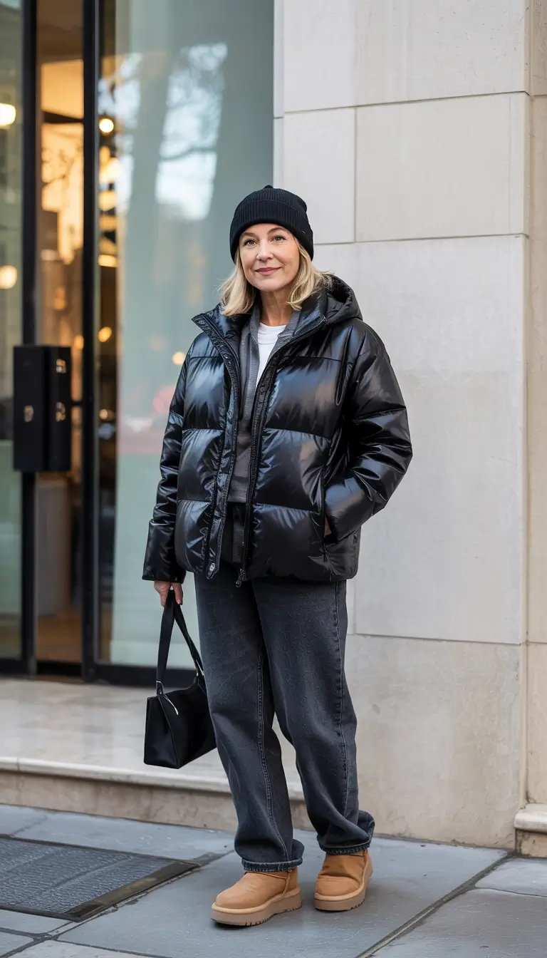 winter outfits over 40 women Relaxed Puffer & Wide-Leg Denim