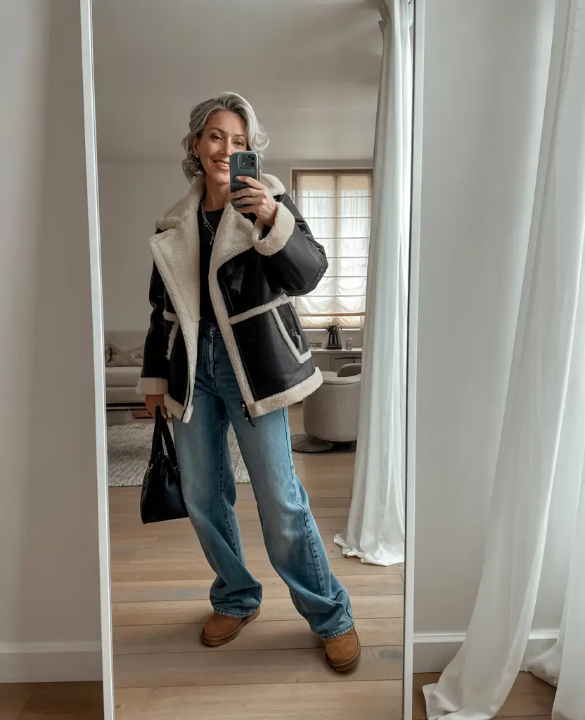 winter outfits over 40 women Retro Shearling & Denim