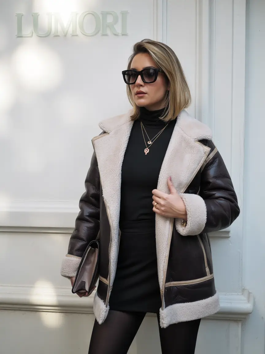 2025-winter-outfits-over-40-Shearling-Jacket-Meets-Little-Black-Dress