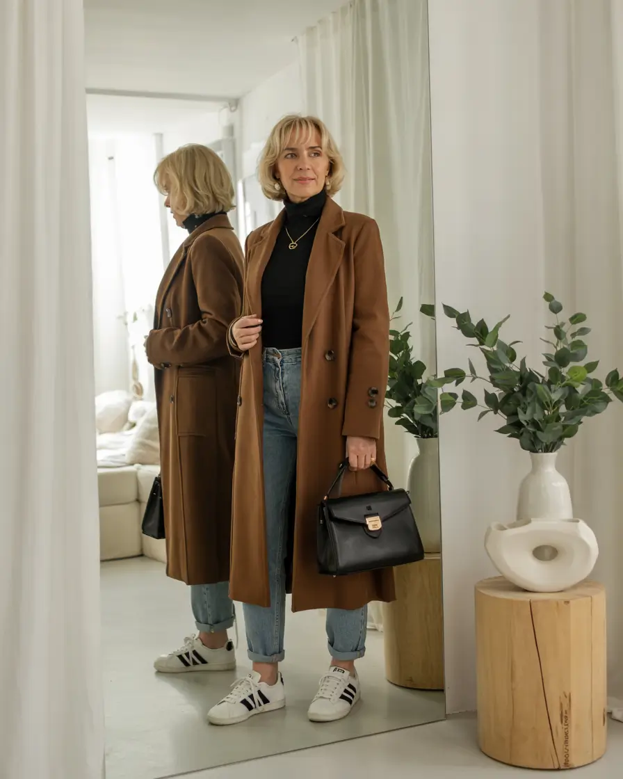 winter outfits over 50 older women Effortless Camel Coat with Everyday Denim