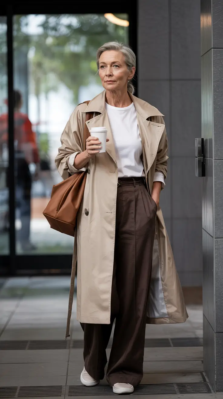 winter outfits over 50 older women Relaxed Trench with Wide-Leg Trousers