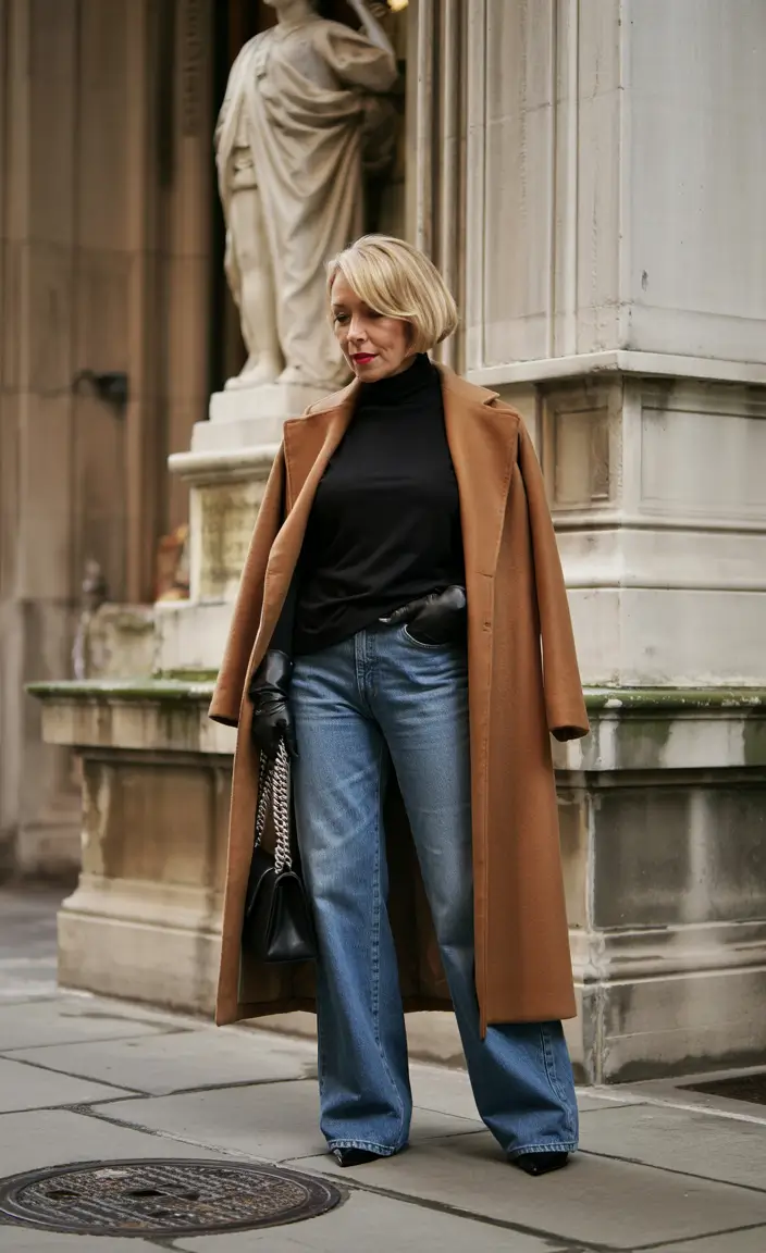 winter outfits over 50 older women Camel Coat with Denim and Black Layers