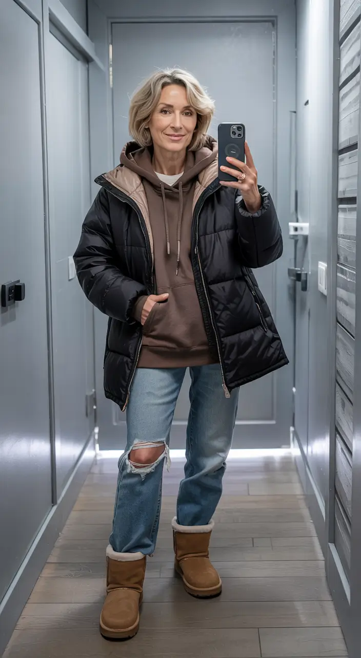 winter outfits over 50 older women Cozy Hoodie with Puffer and Ugg Boots