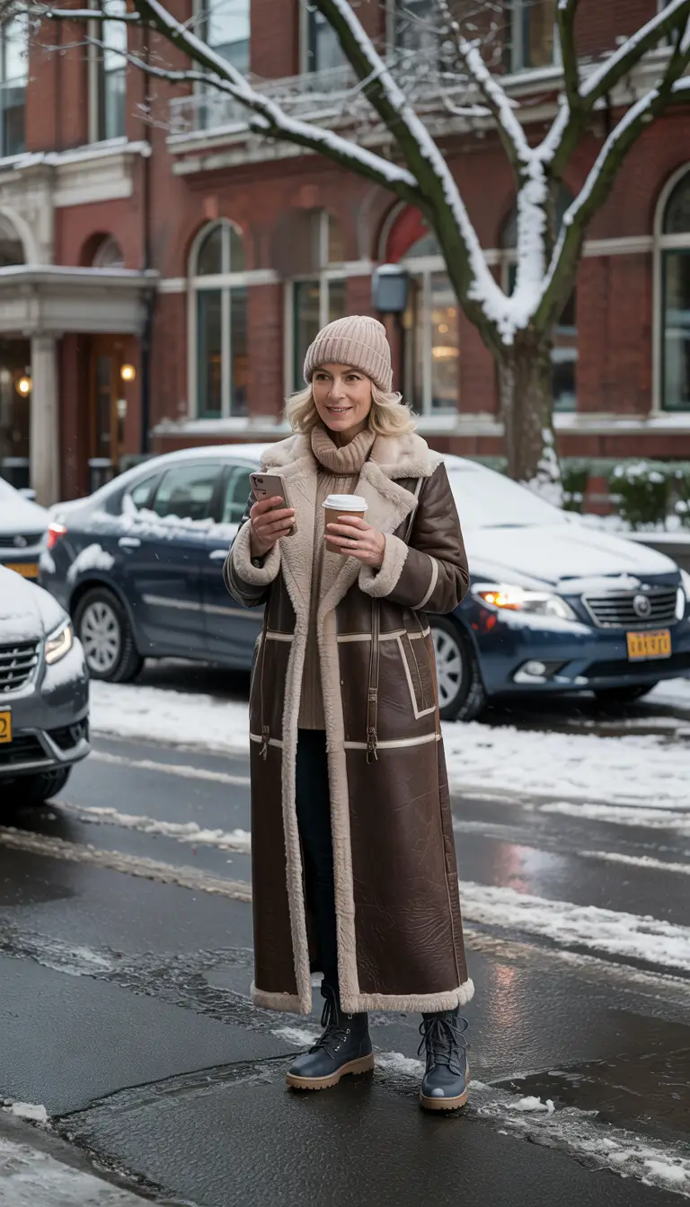 winter outfits over 50 older women Shearling Coat for Winter City Streets