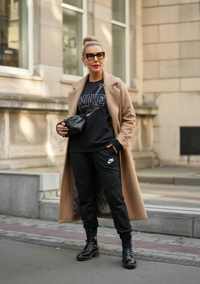winter outfits over 50 older women Sporty Elegance with a Tailored Coat