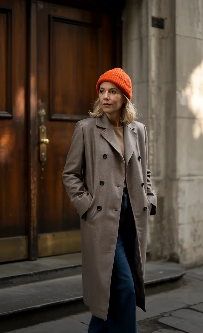 winter outfits over 50 older women Bold Beanie with Tailored Coat