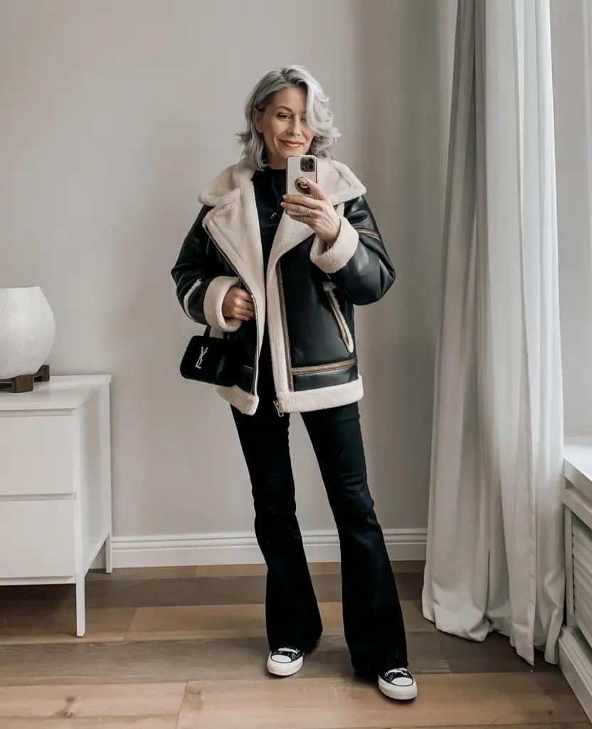 winter outfits for over 60 women Shearling Jacket with Effortless Edge