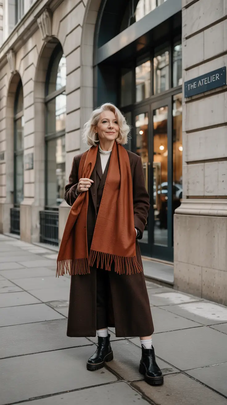 winter outfits for women over 60 Rich Browns with Statement Accessories