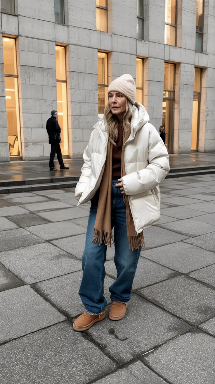 winter outfits for over 60 women casual Cozy Puffers with Relaxed Denim