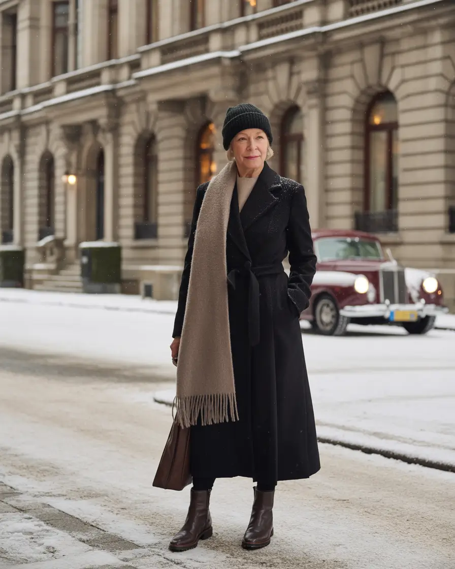 winter outfits over 60 older women Elegant Black with a Statement Scarf