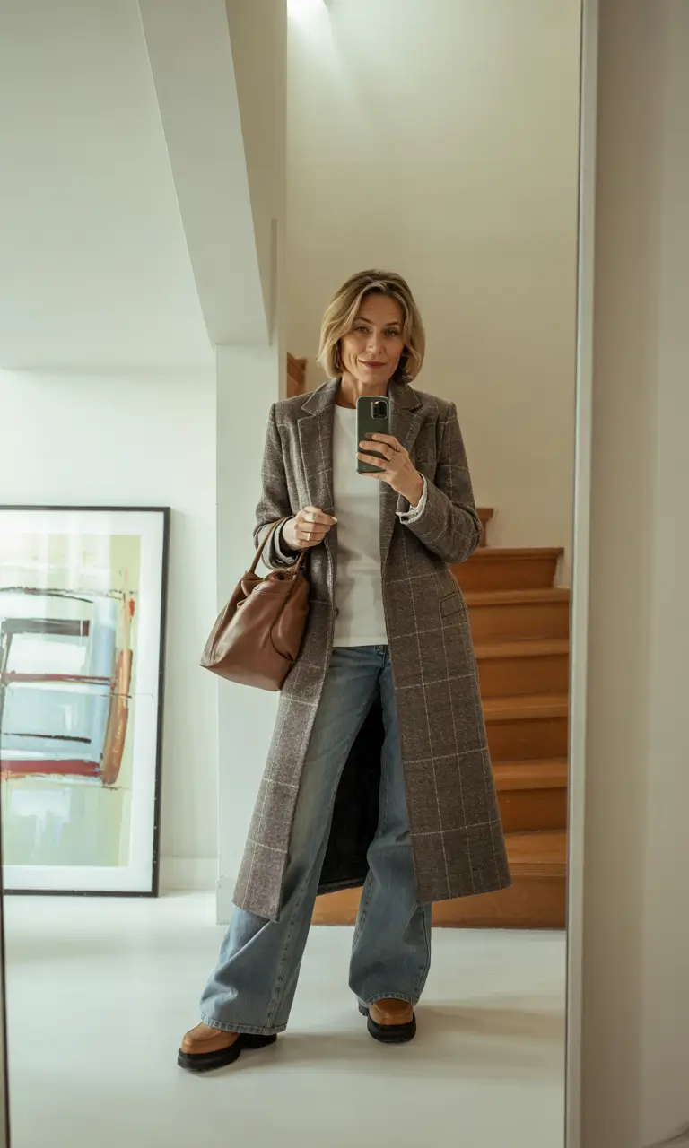 winter outfits over 60 women Check Patterns with Relaxed Denim