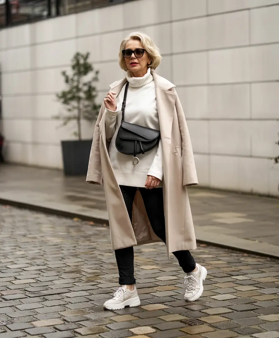 winter outfits over 60 older women Polished Neutrals with Black Accents