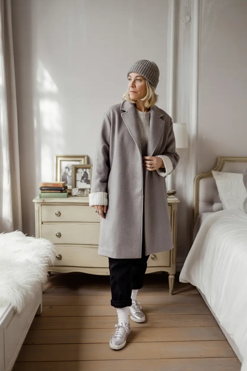 winter outfits over 60 women Cozy Knit and Relaxed Gray Layers