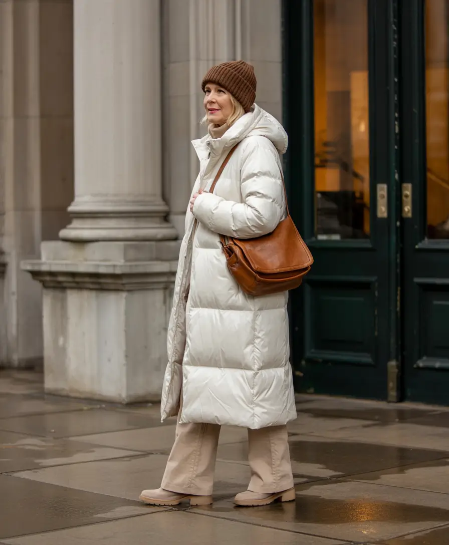 plus size winter outfits over 60 Longline Puffer with Earthy Tones