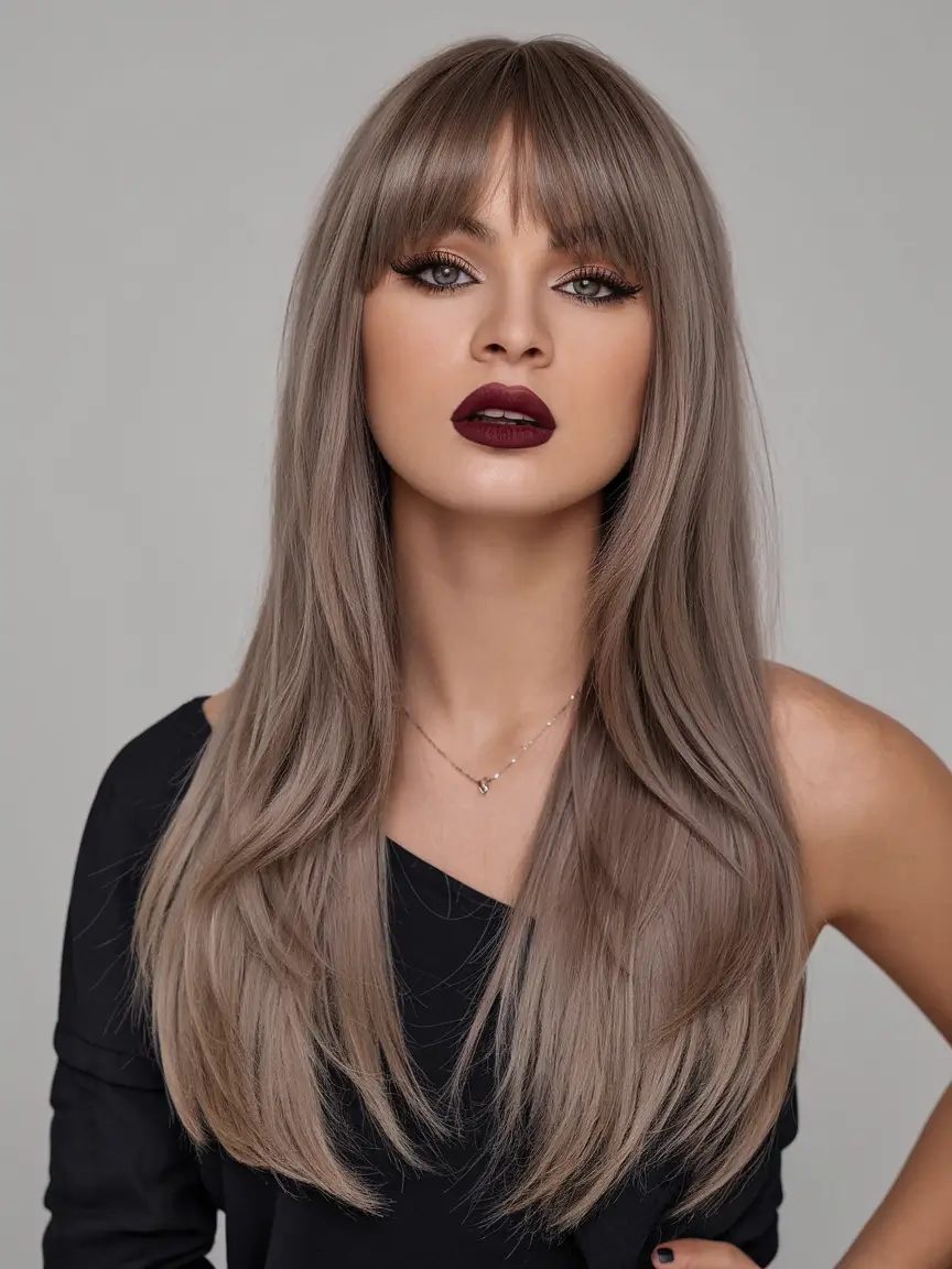 trending hair colors for winter 2025 Muted Taupe Elegance with Bangs