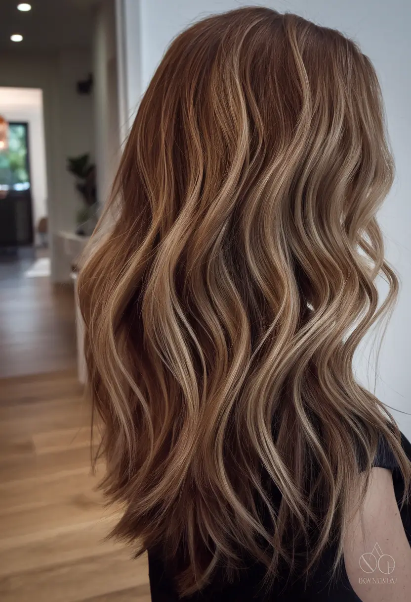 trending hair colors for winter 2025 Chestnut Caramel Ribbons