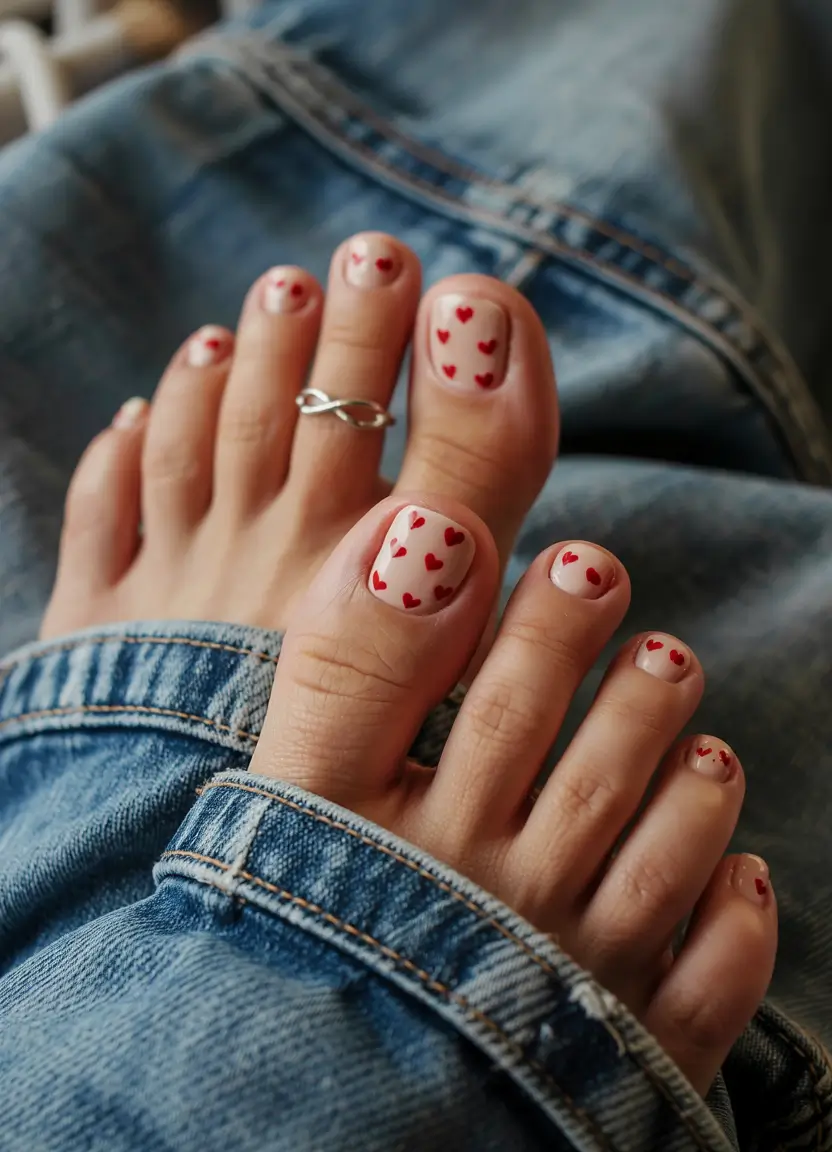 fall toe nails Playful Red Hearts on Nude