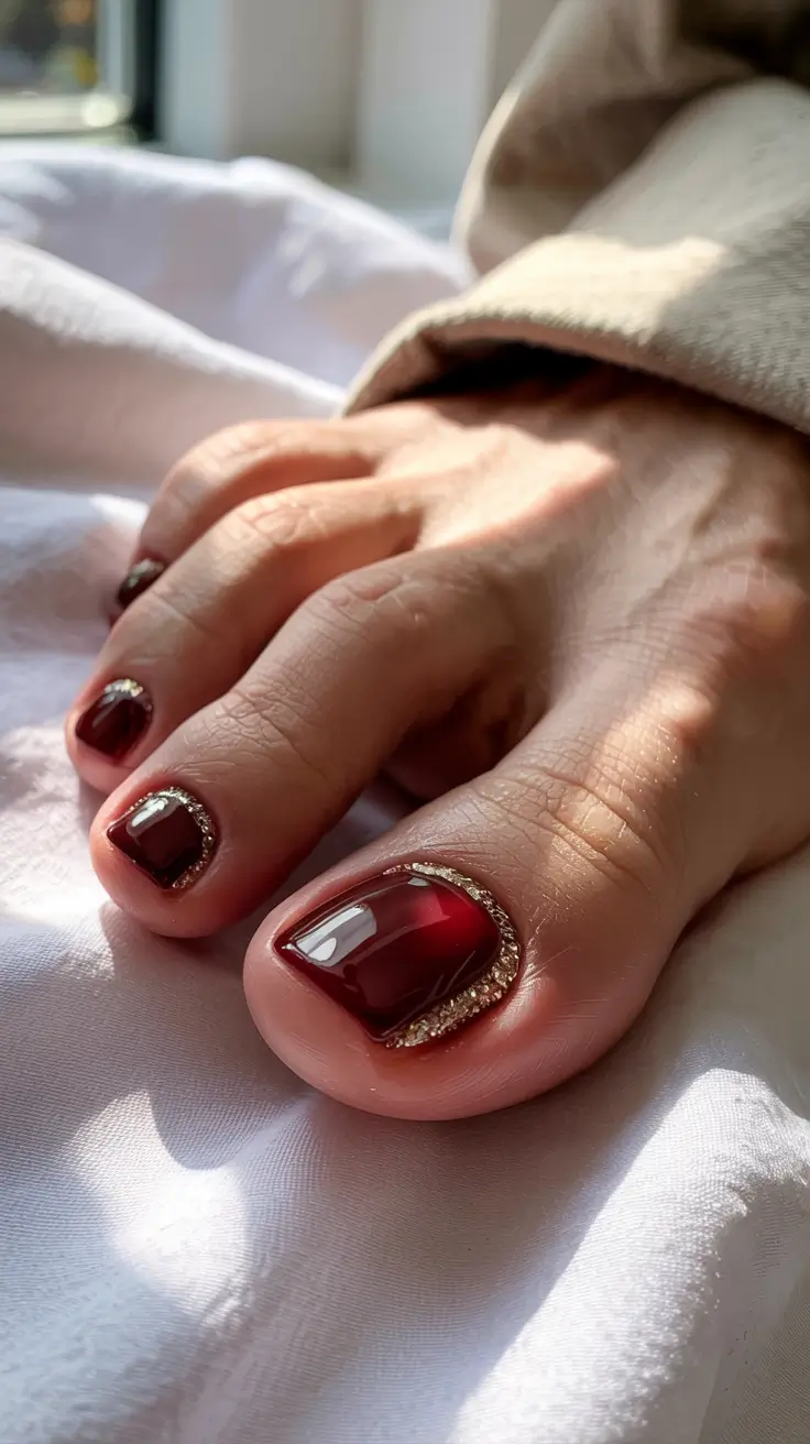 fall toe nails Garnet Shine with Golden Outline